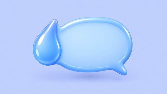 Water drop 3d illustration speech bubble on soft blue background.