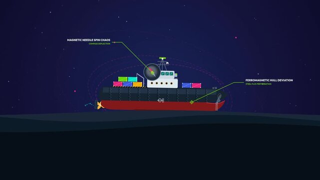 2D animation explaining mechanics of a marine gyrocompass showing magnetic deviation on ships, cardan suspension, brass rotor angular momentum, earth rotation, ballistic precession and true north