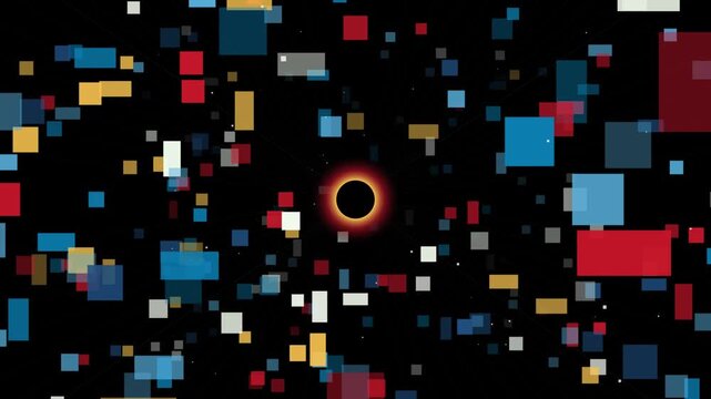 Black Hole Singularity Animation Featuring Floating Rectangular Geometric Shapes in Dark Deep Space