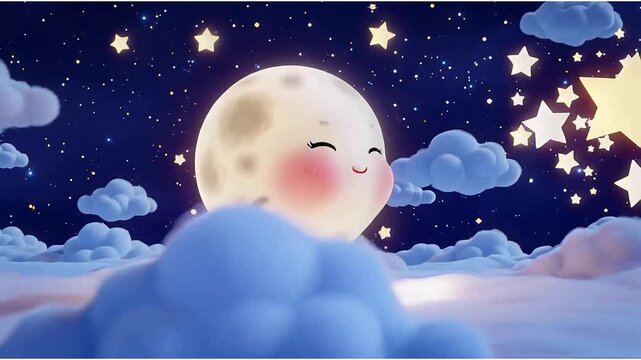 Cute 3D Cartoon Full Moon Walking Waddling on Clouds Night Sky
