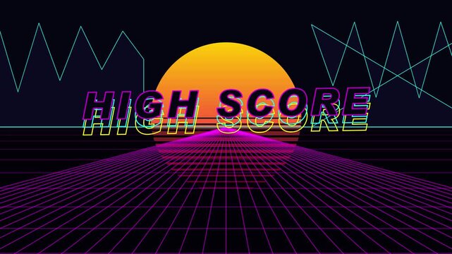 Retro high score neon gaming animation with 80s synthwave grid
