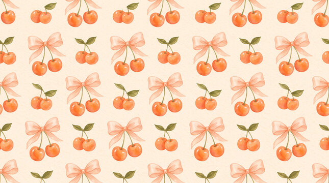Cute vintage cherry pattern with pastel bows, seamless repeating background design