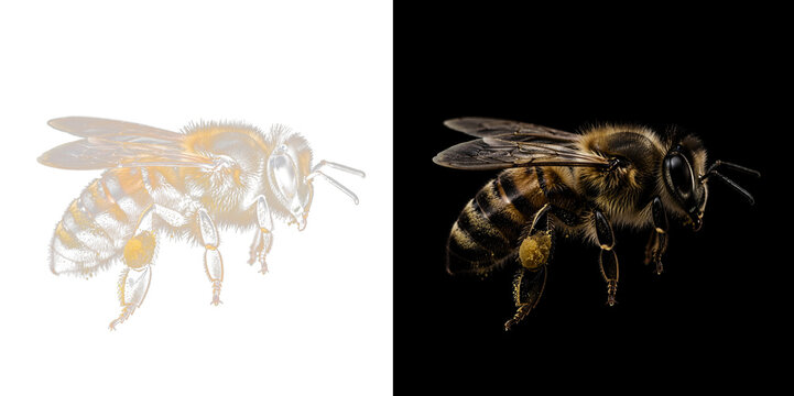 Detailed honey bee illustration with pollen on legs and transparent wings for sustainable agriculture graphics.