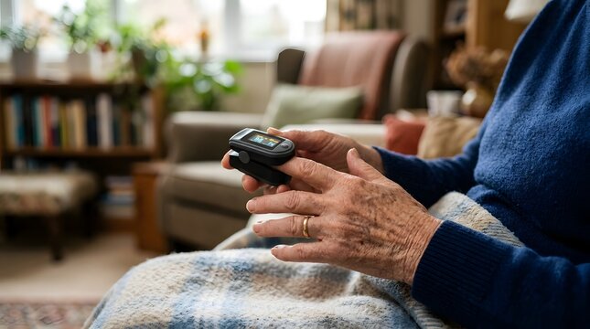 Senior woman checking blood oxygen level with a pulse oximeter at home