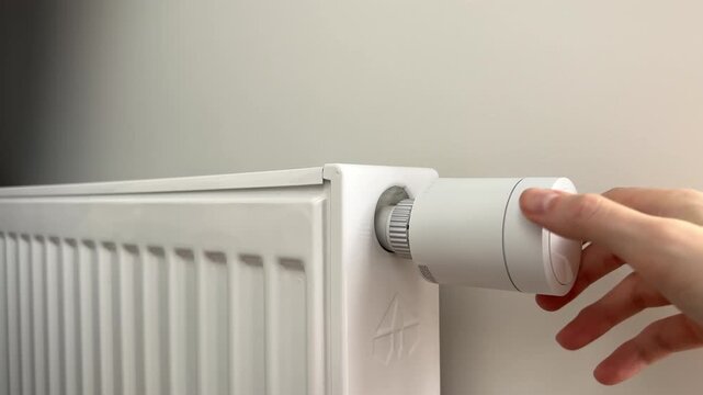 Handheld shot of hand turning on a radiator thermostat to set 28 degrees heating. User rotates a white controller valve knob on a domestic wall mounted space heating battery. Smart home automation