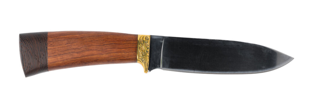 Handmade knife with wooden handle and decorative brass details on the blade