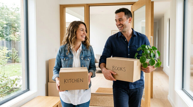 Happy Couple Moving Boxes Into New Home, Holding Kitchen and Books