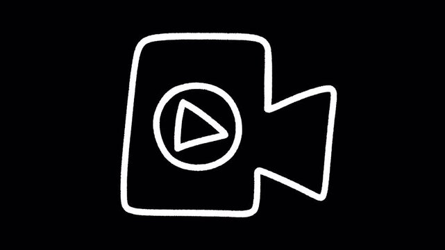 2D Hand Drawn White Outline Video Camera Play Icon Animation Frame by Frame Overlay with Transparent Background Alpha Channel