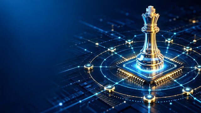 Transparent chess king standing on a glowing digital processor base depicting tech strategy and corporate cyber leadership