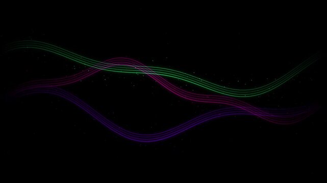 Glowing Green Purple and Pink Neon Light Wave Lines Flowing Across A Dark Background Motion Design