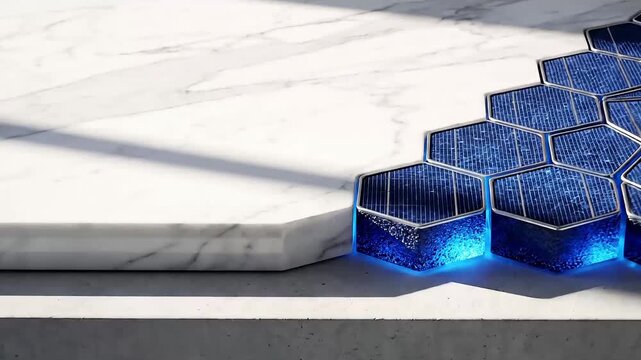 Polished white marble transitioning into 
solar cell pattern with sapphire glow and 
copy space