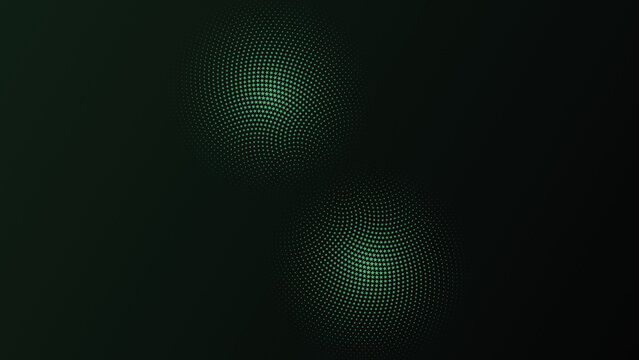 Two circular clusters of small green dots on a dark background, creating a glowing effect with a radial arrangement and soft light transition isolated on a transparent background