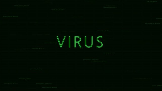 Glitchy virus text animation on dark screen 4K