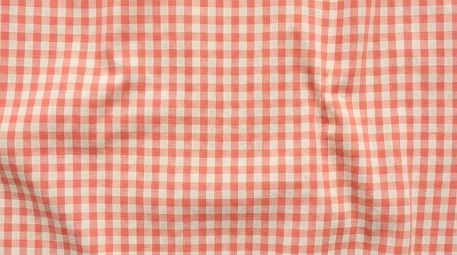 Close-up of textured pastel coral red and cream gingham fabric background with natural light