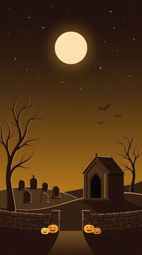 Spooky graveyard with tombstones and pumpkins under a full moon
