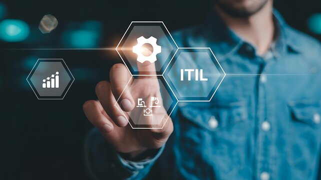 Man's hand touching ITIL service management icon with gear and graph during digital transformation with bokeh background