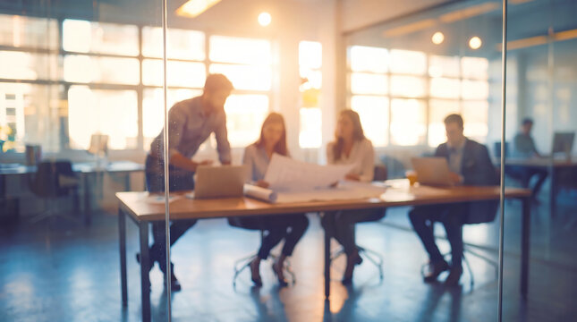 Blurred silhouettes under defocused glass in a modern team meeting collaboration with a blueprint, warm sunlight in workplace