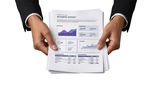 Two hands in black suit sleeves holding a printed business report with financial statistics and graphs isolated on transparent PNG background