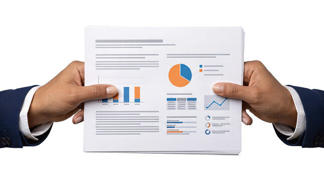 Two hands in navy suit sleeves holding a financial report document with graphs and pie charts isolated on transparent PNG background
