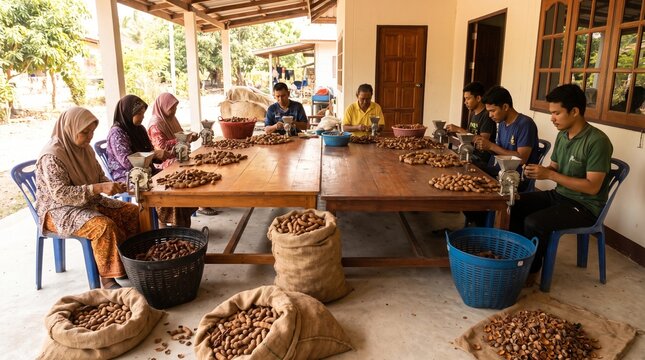 Workers sort ripe tamarind in family workspace