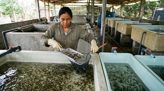 Fish hatchery worker grades juvenile tilapia