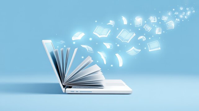 Open laptop emitting glowing books into a bright blue studio symbolizing digital education and knowledge transfer