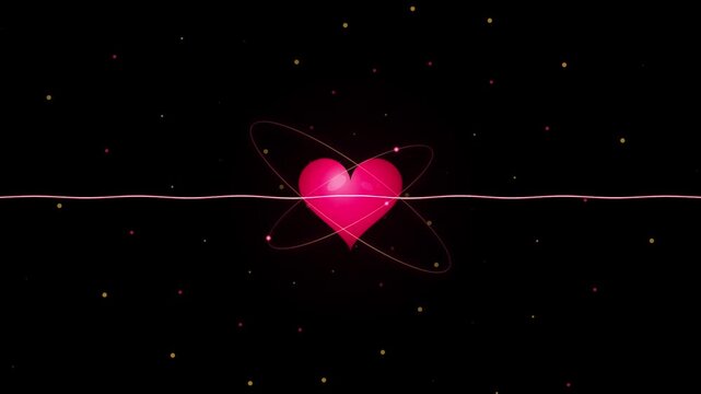 Glowing Red Heart Symbol Centered on Black Background with Orbiting Rings and Pulsing Waveform Lines