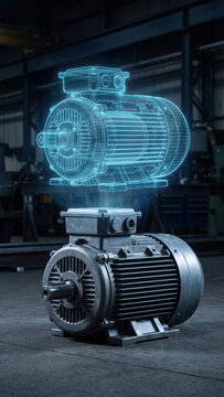 Industrial motor AI technology overlay in dark workshop with metal electric motor beneath