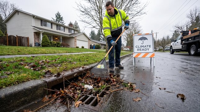 Maintenance worker clears debris from storm drain