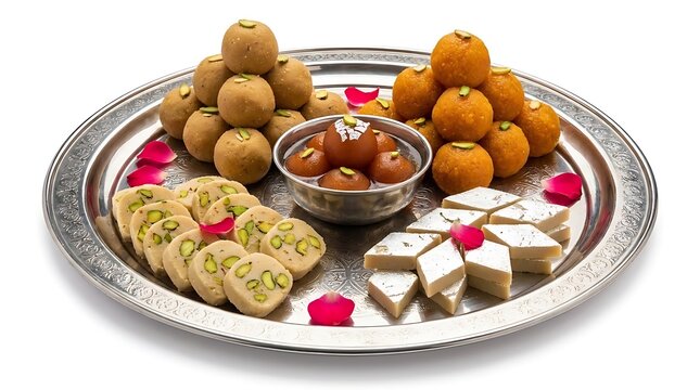 Assorted traditional Indian sweets Mithai served on a silver platter for Diwali celebration