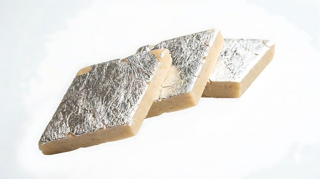 Three pieces of Kaju Katli, a traditional Indian sweet made with cashew nuts and sugar, garnished with edible silver foil (varq), arranged diagonally on a clean white background.