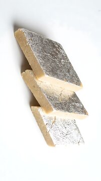 Three diamond-shaped pieces of Kaju Katli, a traditional Indian sweet made with cashew nuts and sugar, garnished with edible silver leaf foil, stacked vertically on a clean white background