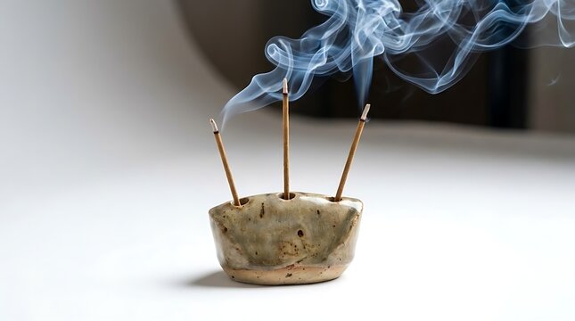 Three burning incense sticks emitting swirling white smoke from a handmade ceramic holder on a white surface with soft lighting