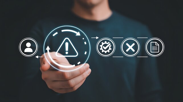 Man's hand touching digital warning icon during workflow process with check and cancel symbols against dark background