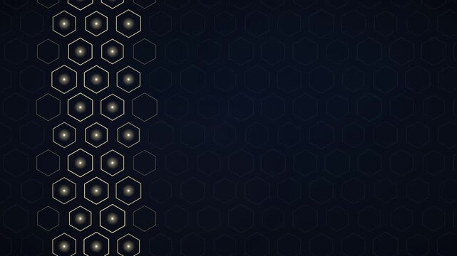 Abstract golden honeycomb pattern with glowing lights moving across dark background, for digital connectivity, futuristic technology, data network, modern science, cyber security