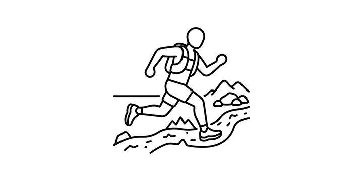 Trail runner with backpack navigating mountain terrain.