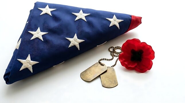 Folded American flag with military dog tags and a red remembrance poppy flower on a white background,
