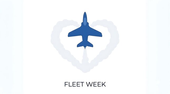 Fleet Week conceptual illustration featuring a blue jet airplane drawing a white smoke heart shape on a light background, symbolizing aviation, air shows, and military celebration.