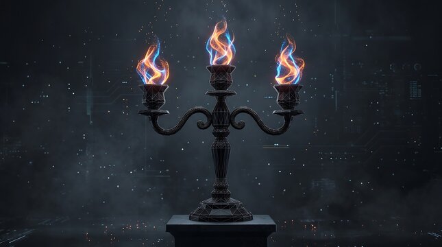Modern gothic technology background depicting an ornate wireframe candelabra holding vibrant plasma flames made of swirling neon orange and blue particle meshes.