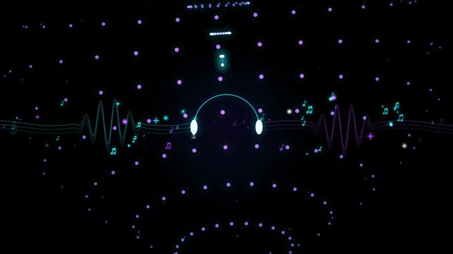 Neon Headphones Audio Waveform Visualization with Floating Musical Notes on Dark Glowing Background