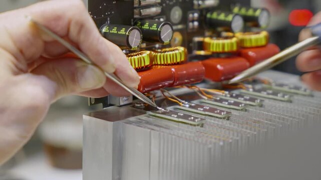 A closeup of men's hands making a complex device using tweezers and a soldering iron. The technical and engineering work being done manually.