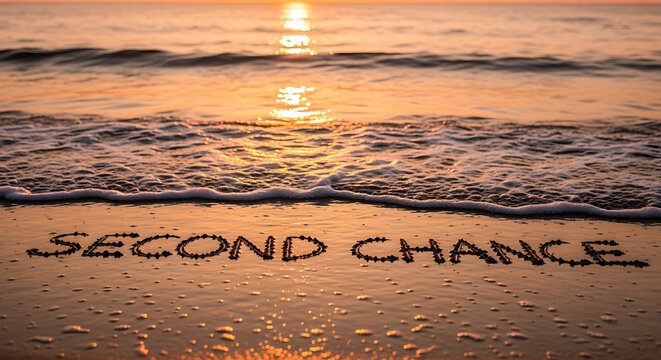 Second Chance Message Written on Golden Beach Sand at a Vibrant Sunrise