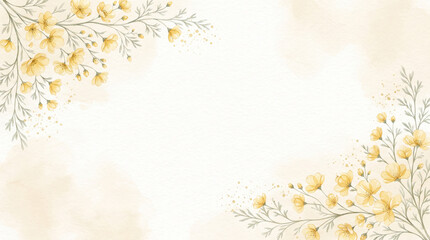 Obraz premium Watercolor floral frame with delicate yellow flowers and soft green branches, elegant botanical border design for wedding invitations and greeting cards