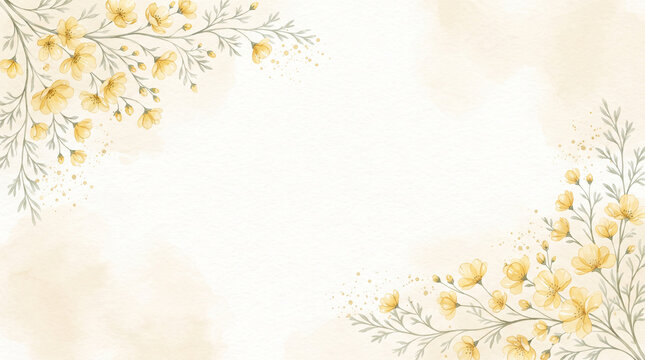 Watercolor floral frame with delicate yellow flowers and soft green branches, elegant botanical border design for wedding invitations and greeting cards