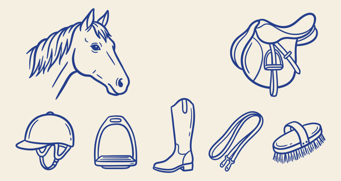 Equestrian equipment line art vector doodle set with horse head saddle helmet stirrup boot reins and brush