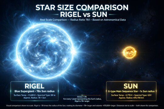  Star Size Comparison Rigel vs Sun Real Scale 78x Radius Ratio