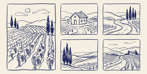 Obraz premium Tuscany vineyard landscape line art set with rural hills farmhouse cypress trees and grape fields sketch