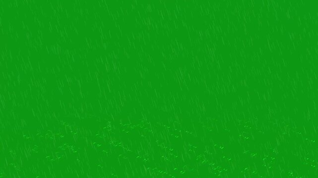 Diagonal rain streaks move across a green screen with subtle wet splashes, creating a dynamic weather overlay for chroma key compositing, filmmaking, transitions and VFX.