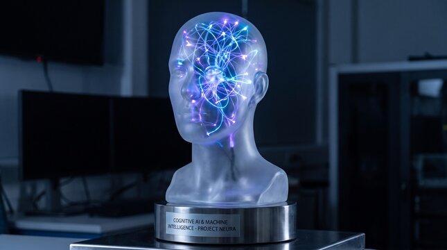 Artificial Intelligence Trophy: A clear bust of a human head displays intricate internal wiring illuminated with vibrant blue and purple lights.