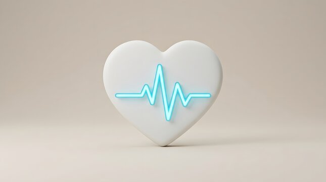 White heart icon featuring a neon blue ECG waveform pattern  representing cardiovascular health or medical monitoring in a minimalist setting